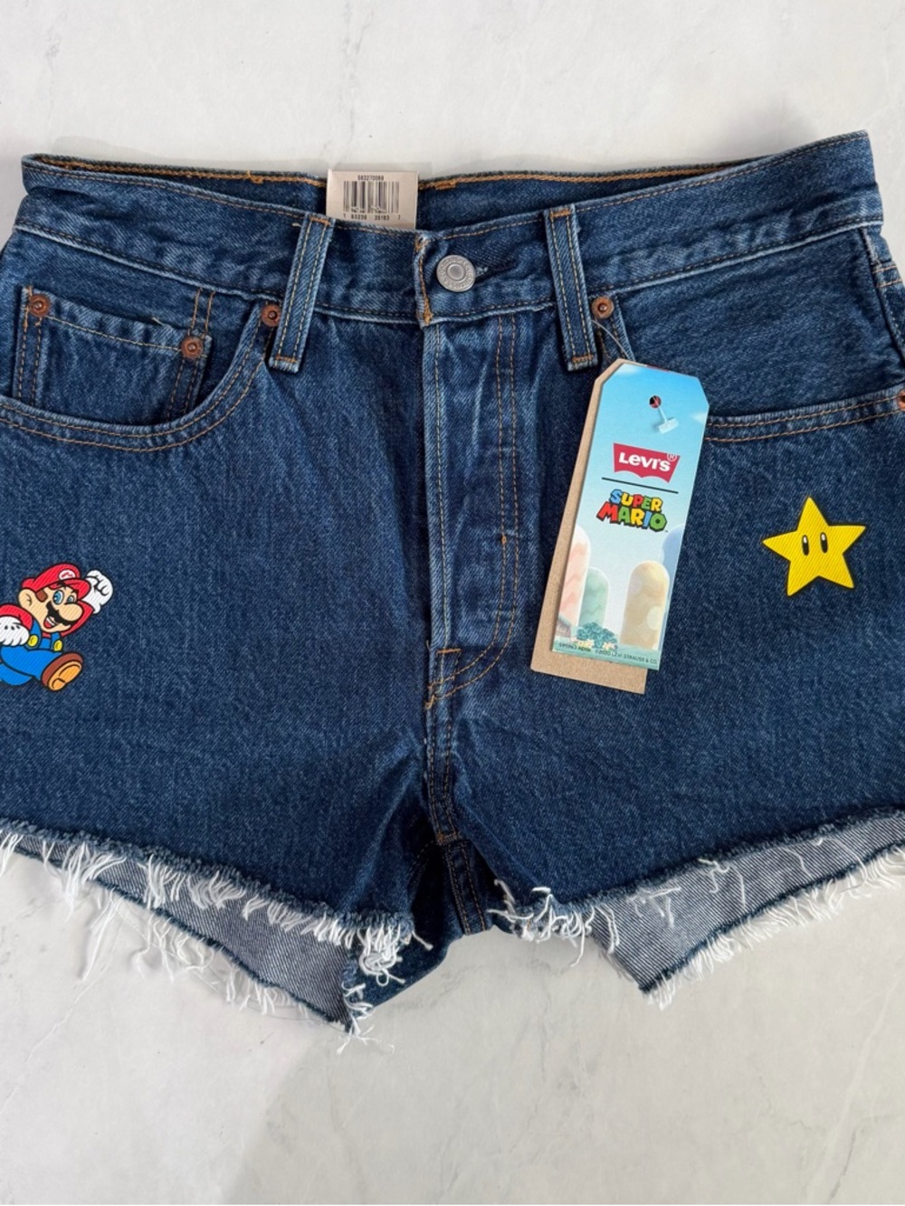 Levi's Dark Blue Denim Cutoff Shorts with Super Mario Print